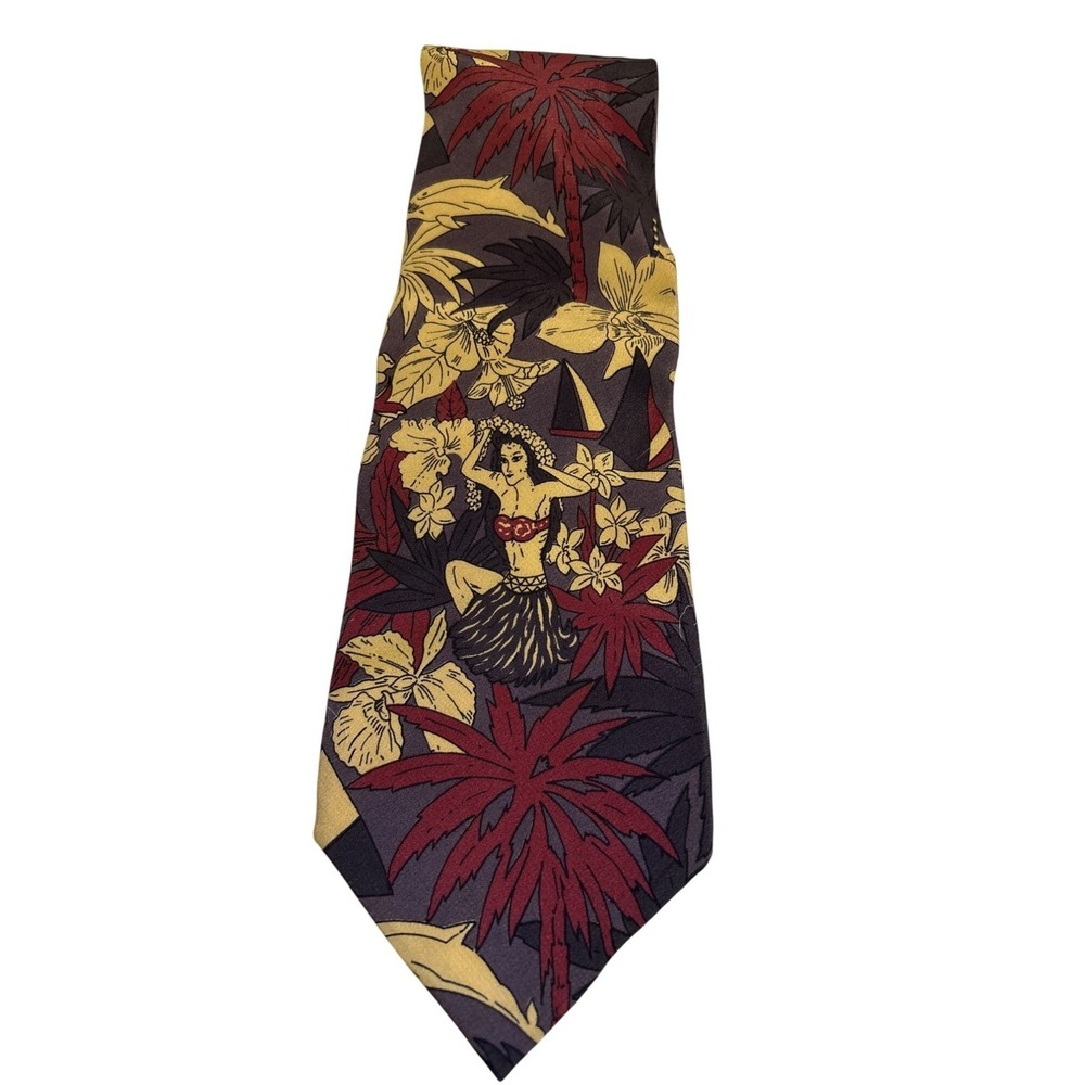 Vintage Made in Italy 100% Silk Hula Girl Tropical Tiki Necktie Burgundy Gold